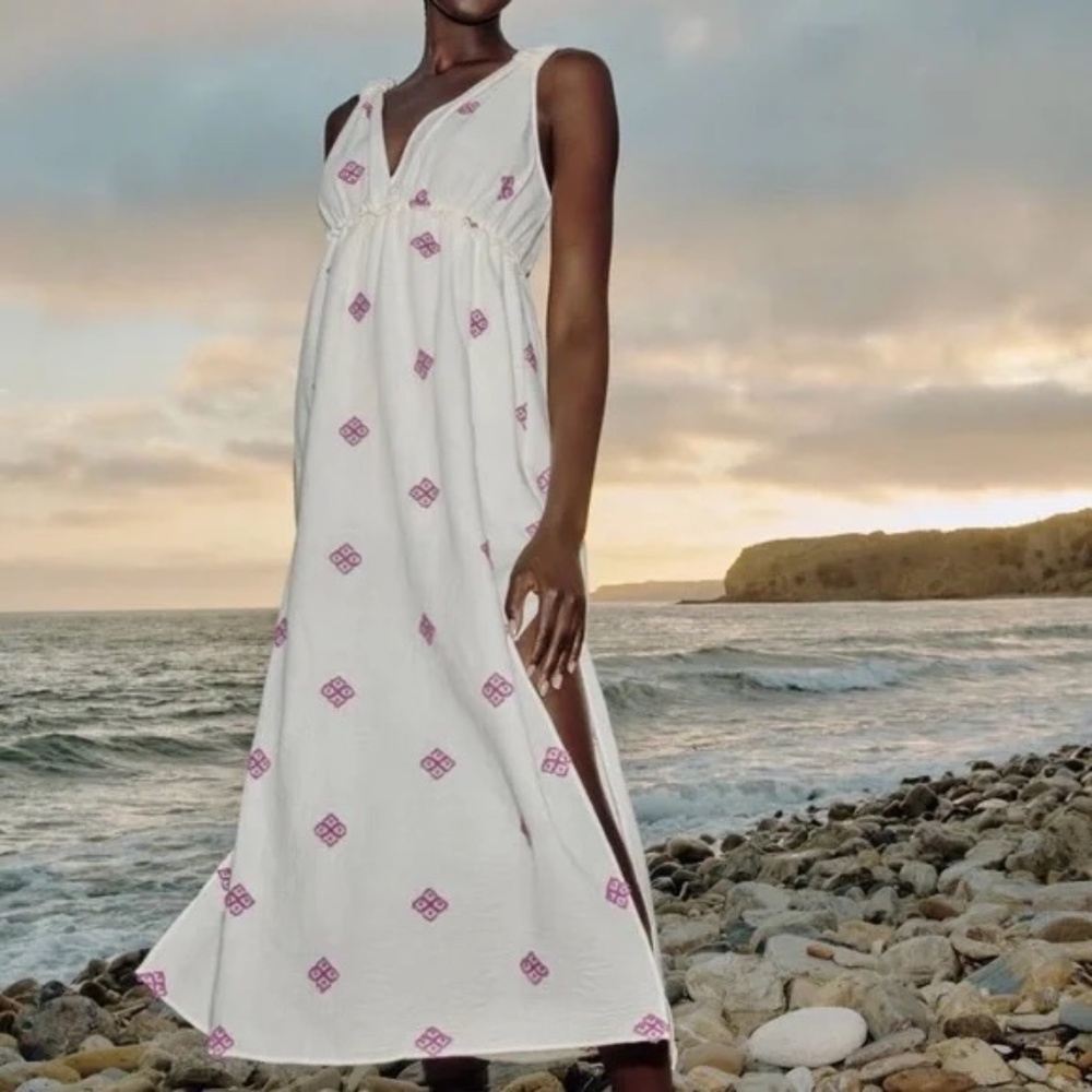 ZARA White Maxi Dress with Purple Embroidery